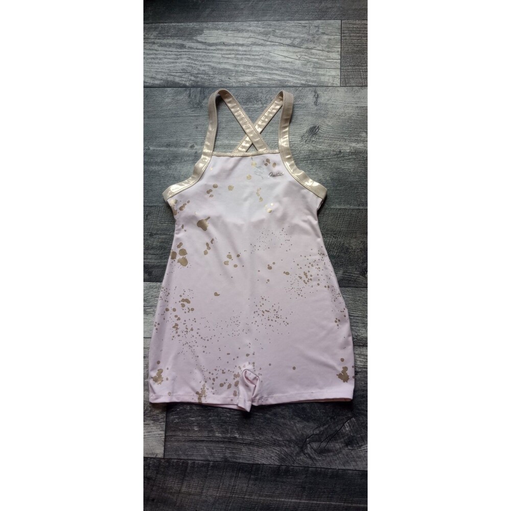 Justice Girls XL 16/18 Pink/Metallic Gold Paint Splatter Pattern Dance Biketard